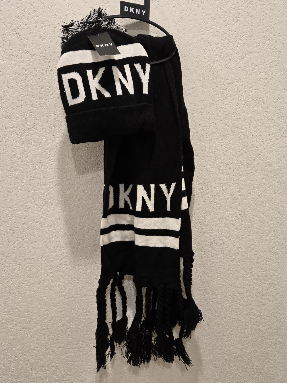 DKNY Black & White Logo Knit Beanie with Matching Scarf